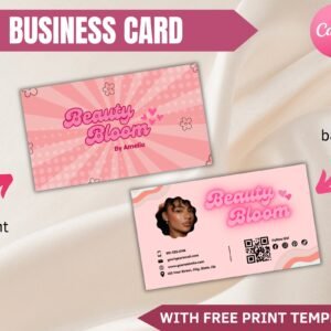 Printable business card template, pink retro business card, business card template qr code, business loyalty card, beauty business card
