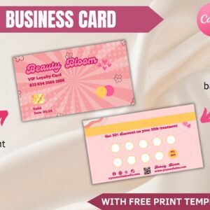 Pink retro business card, loyalty card, business loyalty card, business card template qr code, beauty business card, canva template