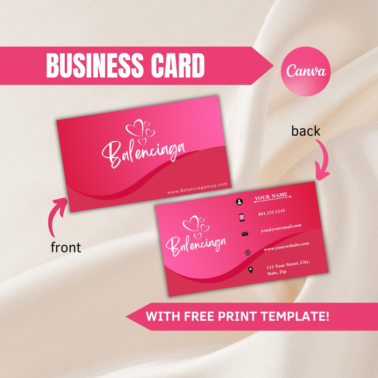 Printable business card template, pink retro business card, business card template qr code, business loyalty card, beauty business card