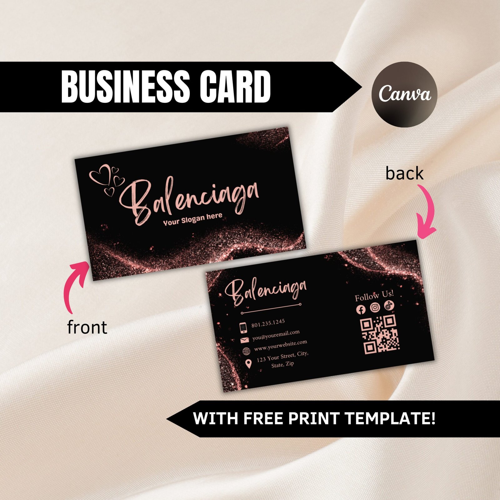 Printable business card template, black business card, business card template qr code, business loyalty card, beauty business card