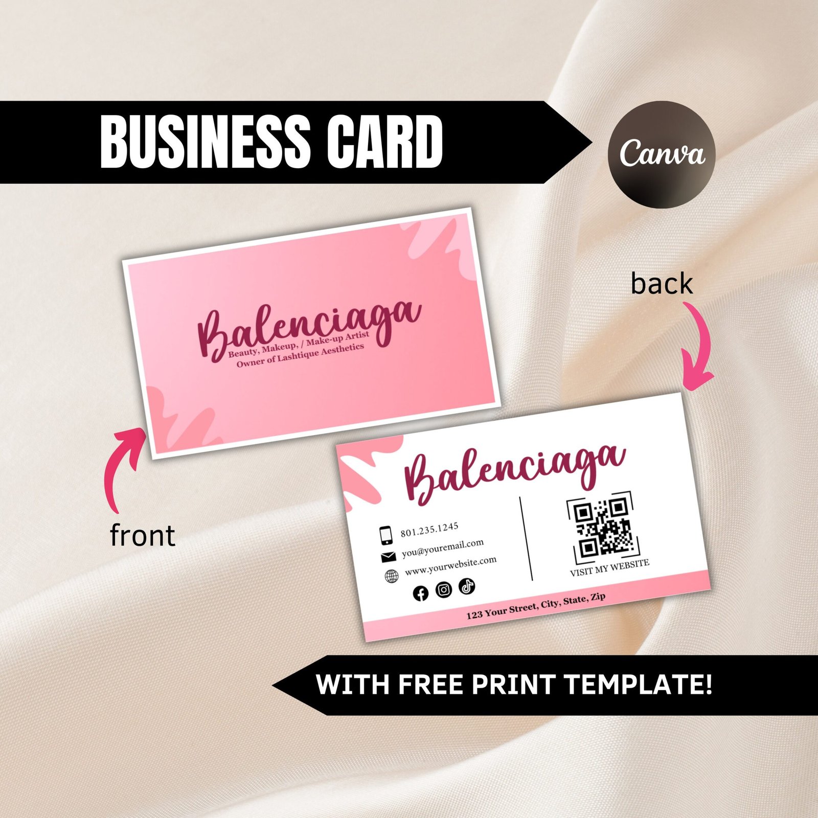 Printable business card template, pink business card, business card template qr code, business loyalty card, beauty business card