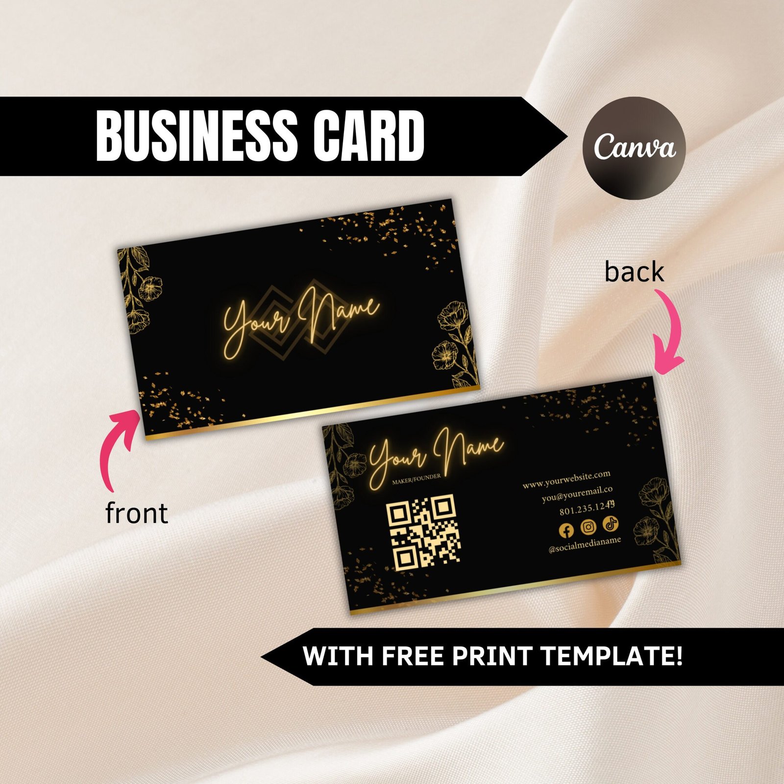 Printable business card template, black and gold business card, business card template qr code, business loyalty card, beauty business card