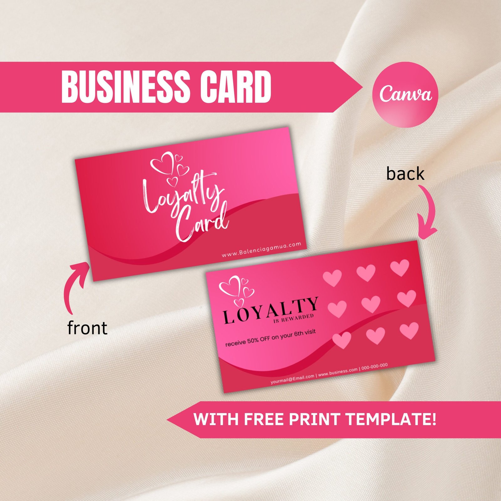 Pink retro business card, loyalty card, business loyalty card, business card template qr code, beauty business card, canva template