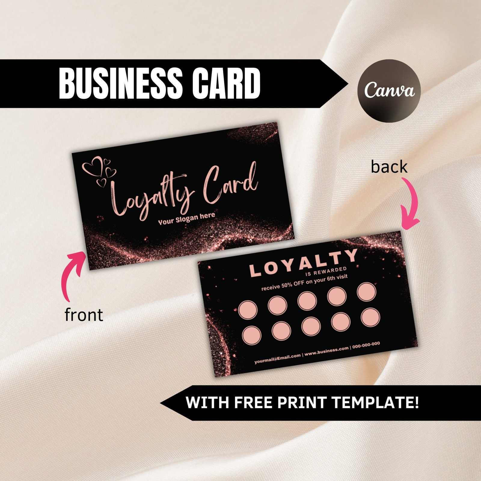 Loyalty business card, pink business card, business loyalty card, business card template qr code, beauty business card, canva template
