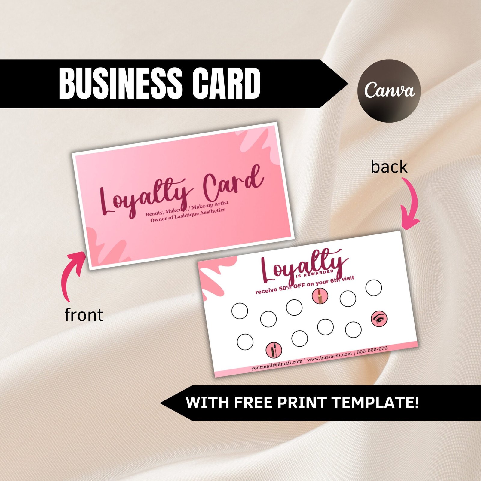 Loyalty business card, pink business card, business loyalty card, business card template qr code, beauty business card, canva template