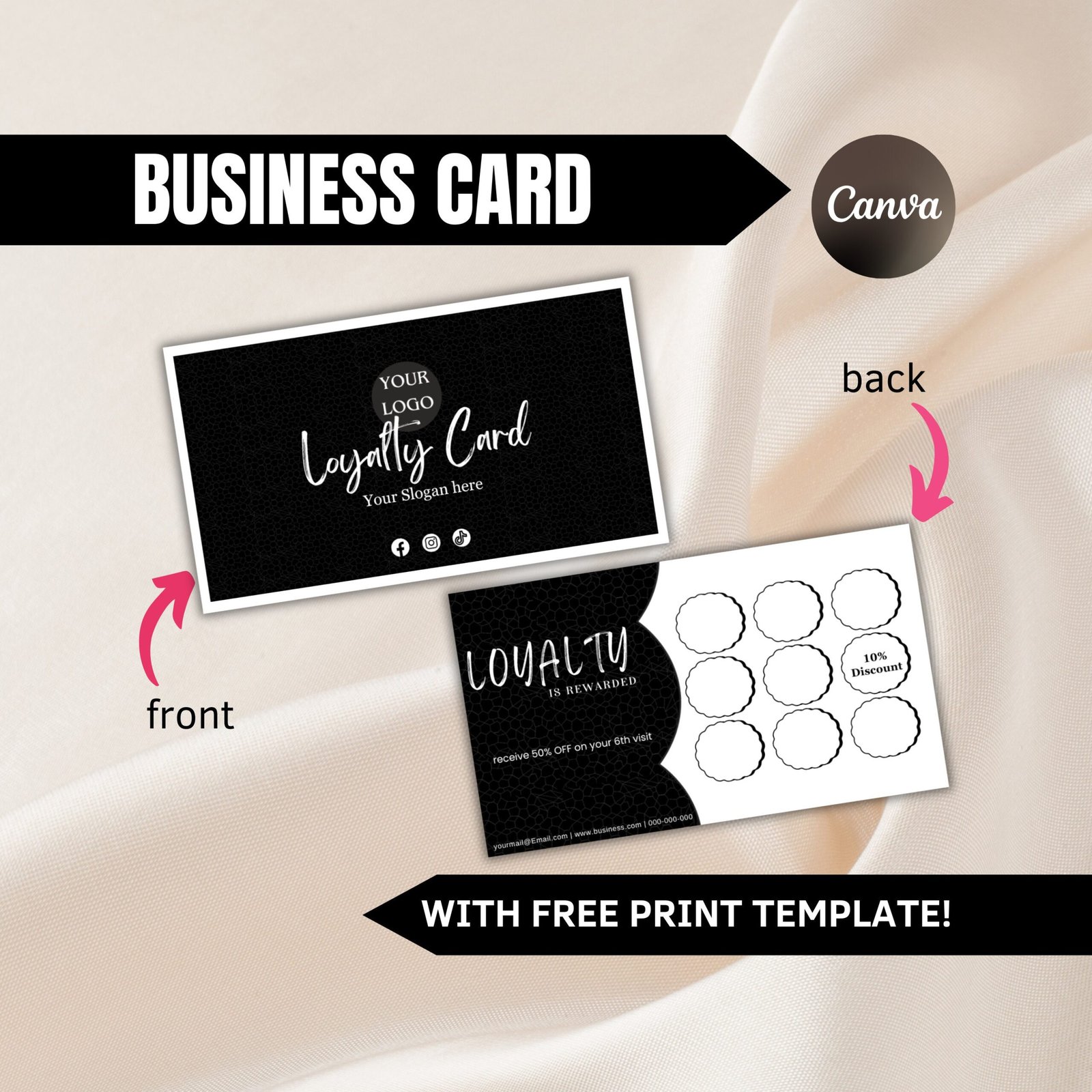 Loyalty business card, black business card, loyalty card, business card template qr code, beauty business card, canva template