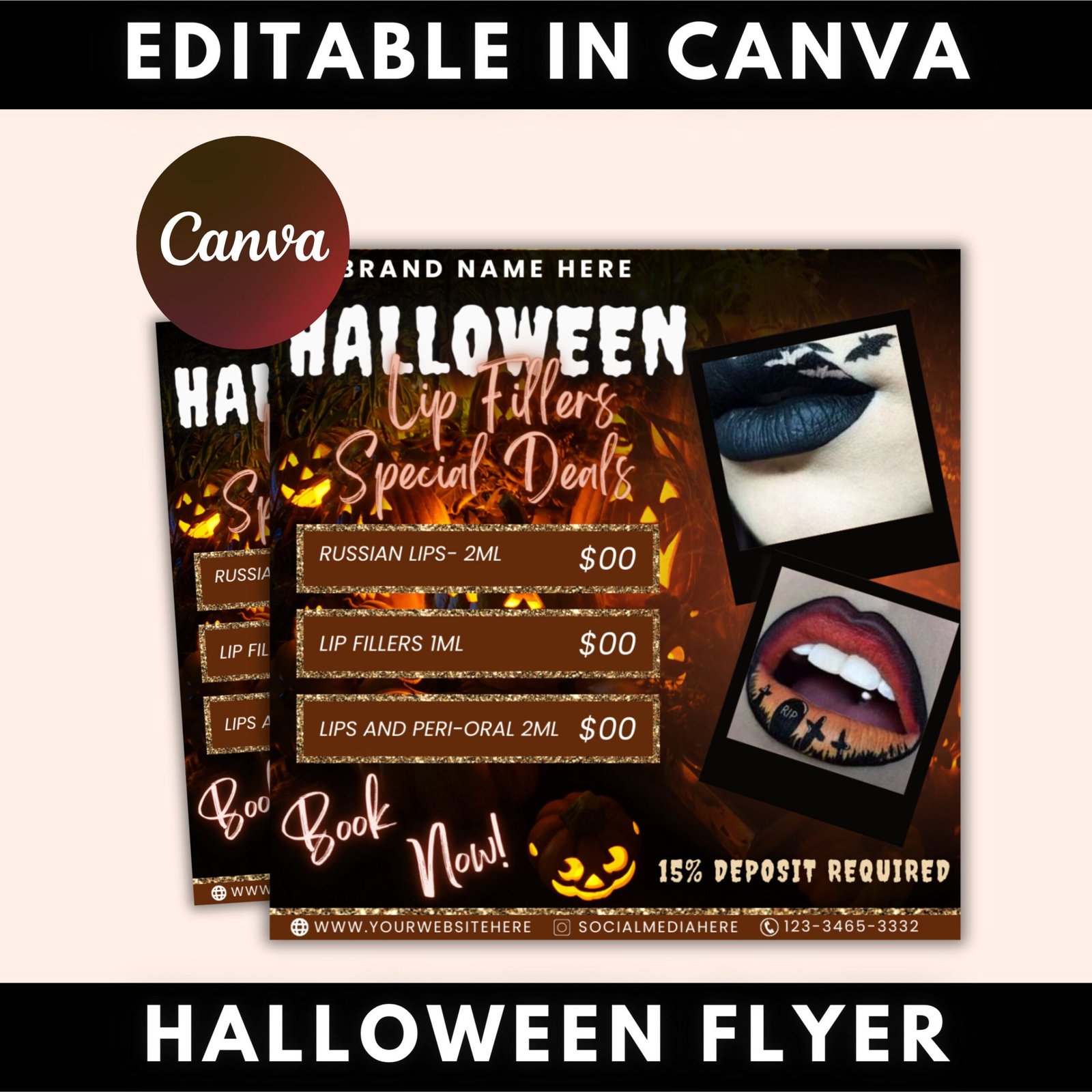 Halloween booking flyer, lip filler flyer, booking flyer, diy flyer design, halloween flyer, social media flyer, canva flyer template