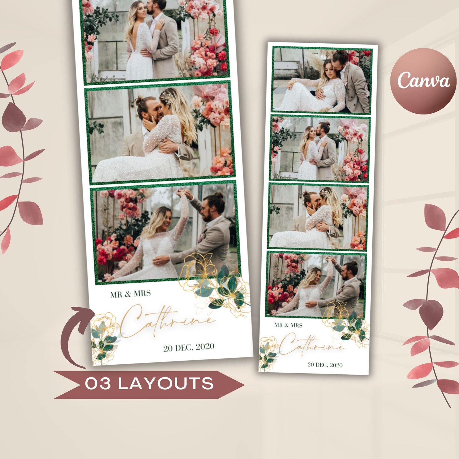 Wedding photobooth template 2x6 4x6 6x4 with green tiny leaves wedding photo booth template with 3 sizes, wedding photo booth canva template