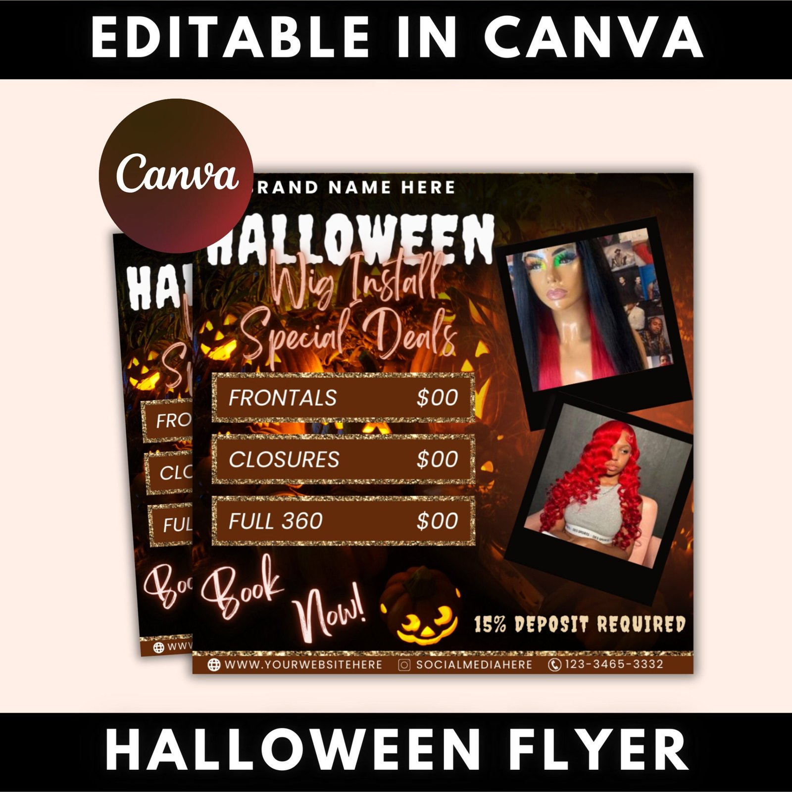 Halloween wig install flyer, booking flyer, beauty flyer, halloween flyer, wig flyer, social media flyer, canva flyer template