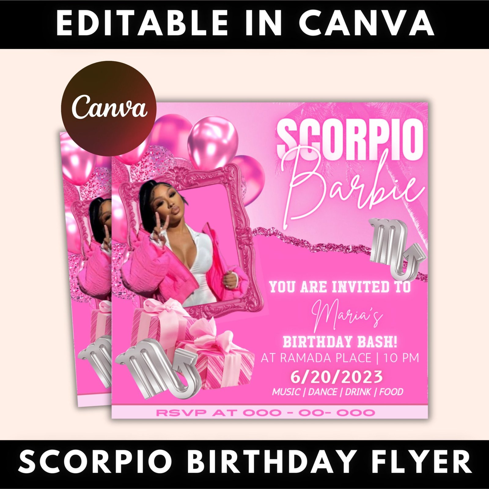 Editable scorpio birthday flyer, birthday template, birthday girl, pink birthday flyer, scorpio season, party flyer, celebration flyer