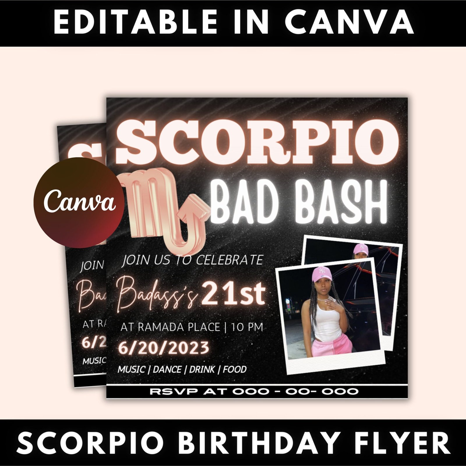 Editable scorpio birthday flyer, scorpio invitation, scorpio flyer, pink invitation flyer, scorpio party flyer, birthday flyer template