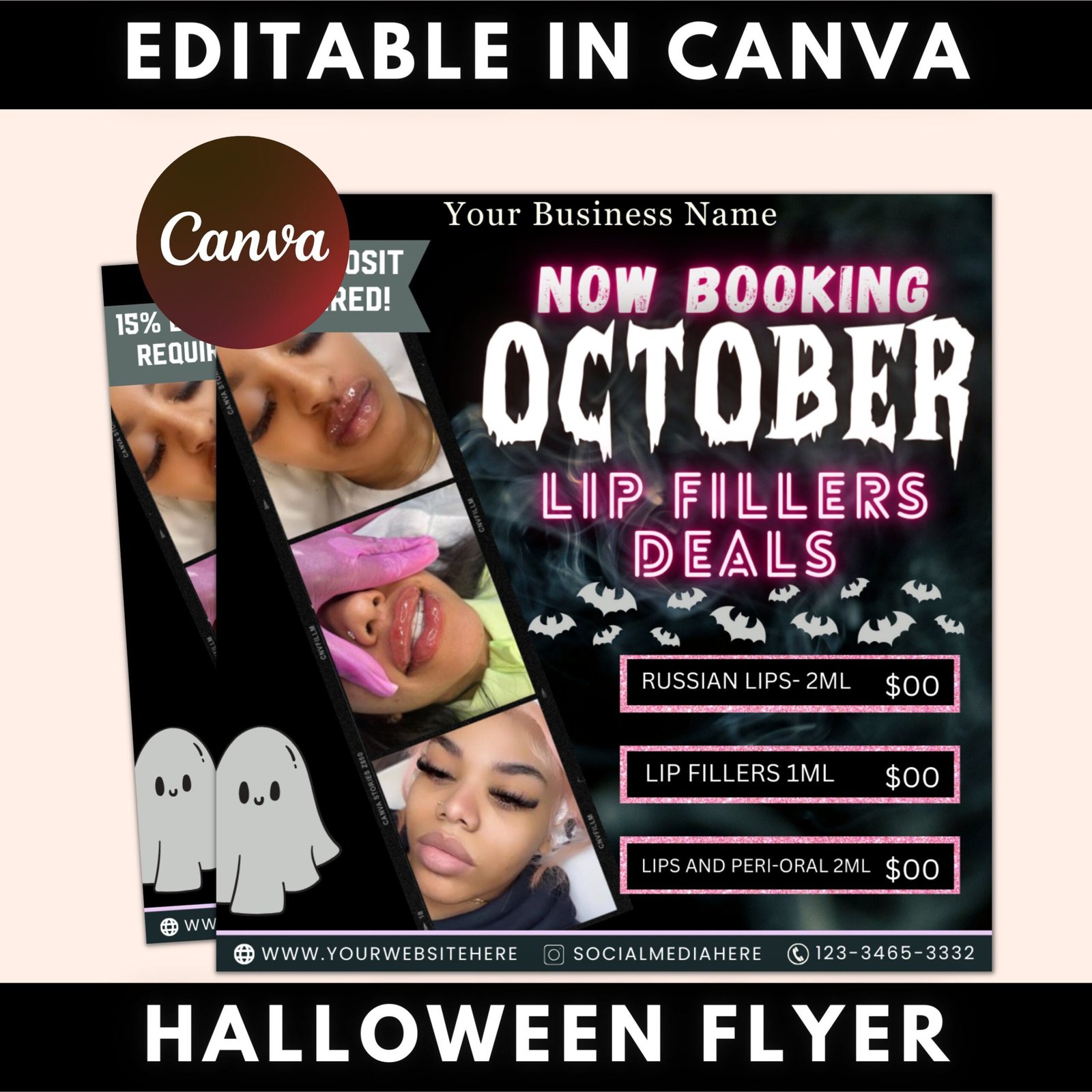 October booking flyer, lip filler flyer, booking flyer, diy flyer design, halloween flyer, social media flyer, canva flyer template