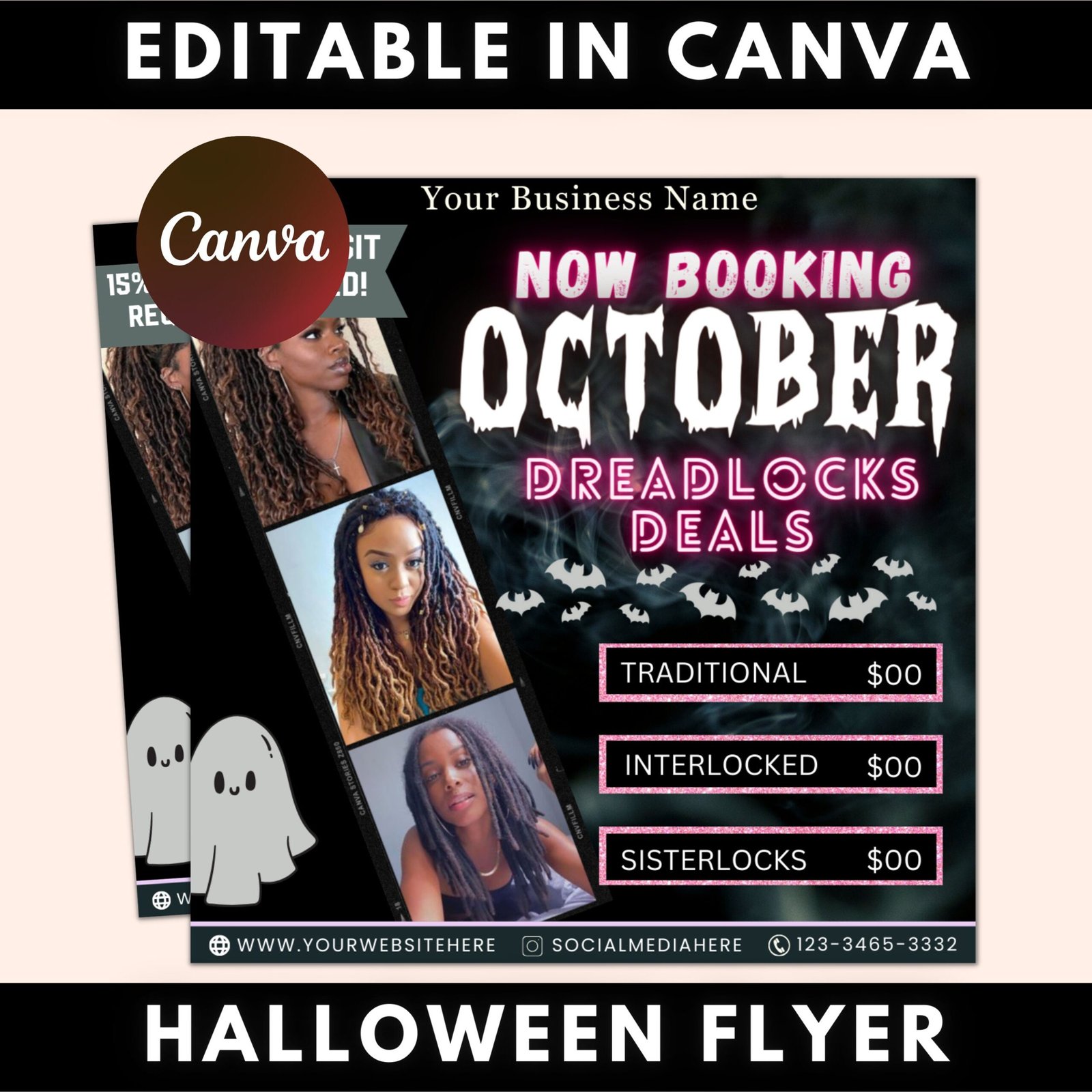 October Booking Flyer, Dreadlocks Special, Booking Flyer, DIY Flyer Design, Halloween Flyer, Social Media Flyer, Canva Flyer Template