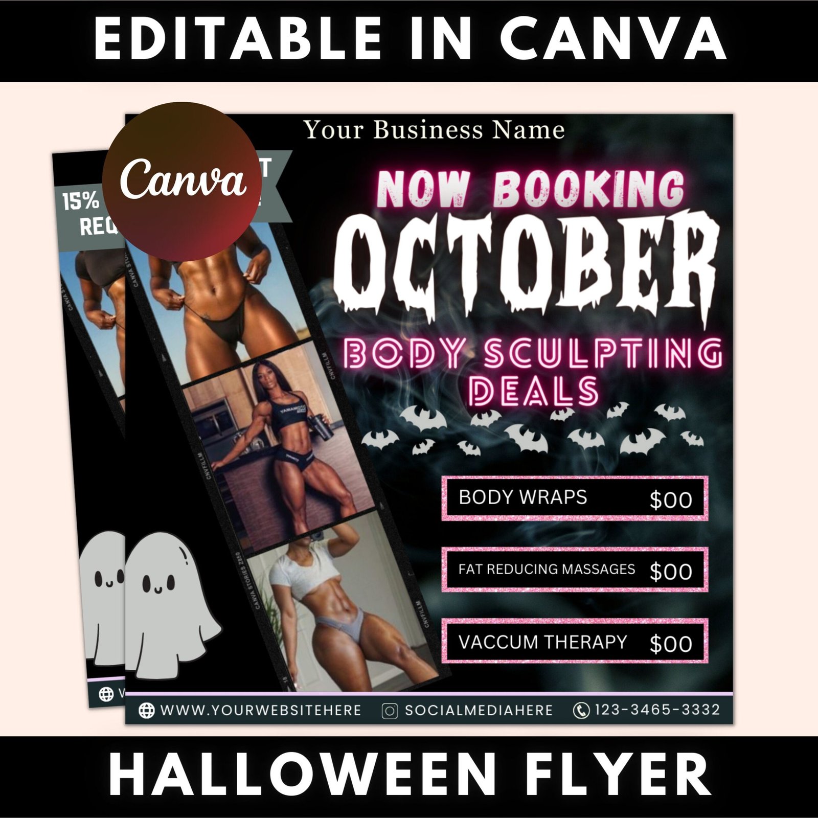 October booking flyer, body sculpting flyer, booking flyer, diy flyer design, halloween flyer, social media flyer, canva flyer template