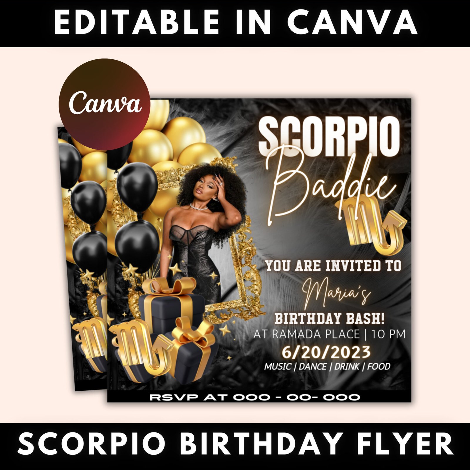 Scorpio birthday flyer, birthday template, birthday girl, party flyer, celebration flyer, birthday event, birthday invite, canva flyer