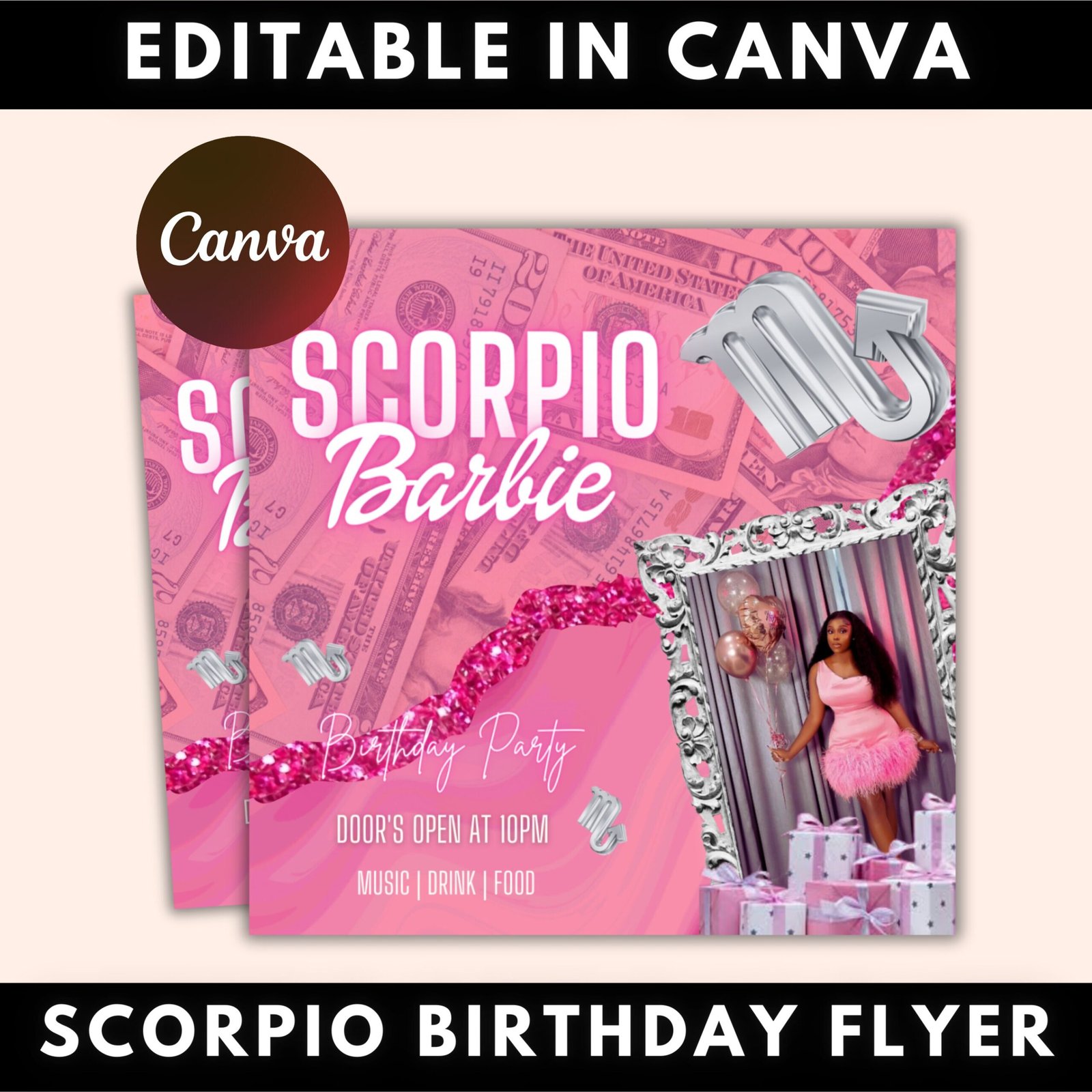 Editable scorpio birthday flyer, scorpio invitation, scorpio flyer, pink invitation flyer, scorpio party flyer, birthday flyer template