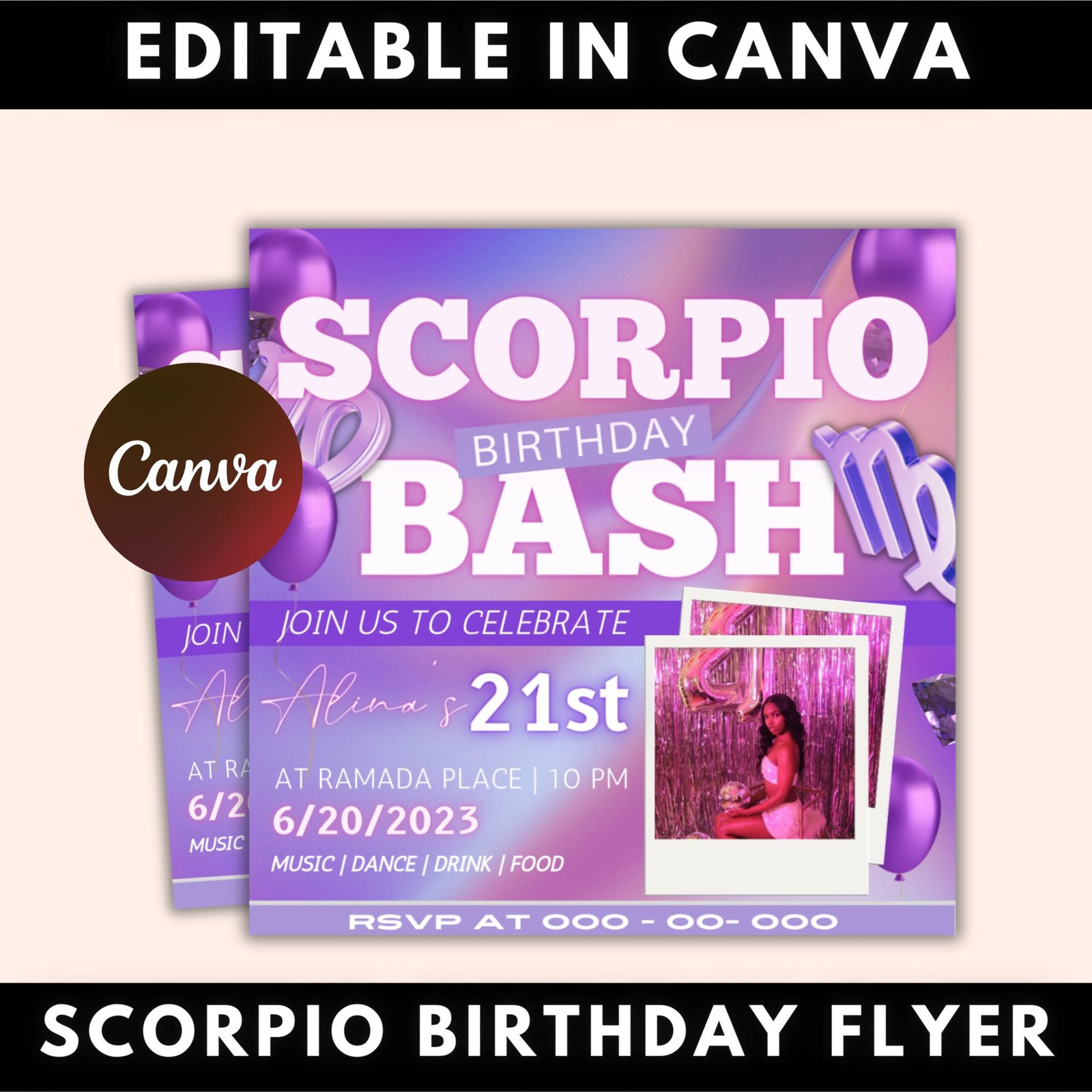 Scorpio birthday flyer, birthday template, birthday girl, party flyer, celebration flyer, birthday event, birthday invite ,canva flyer