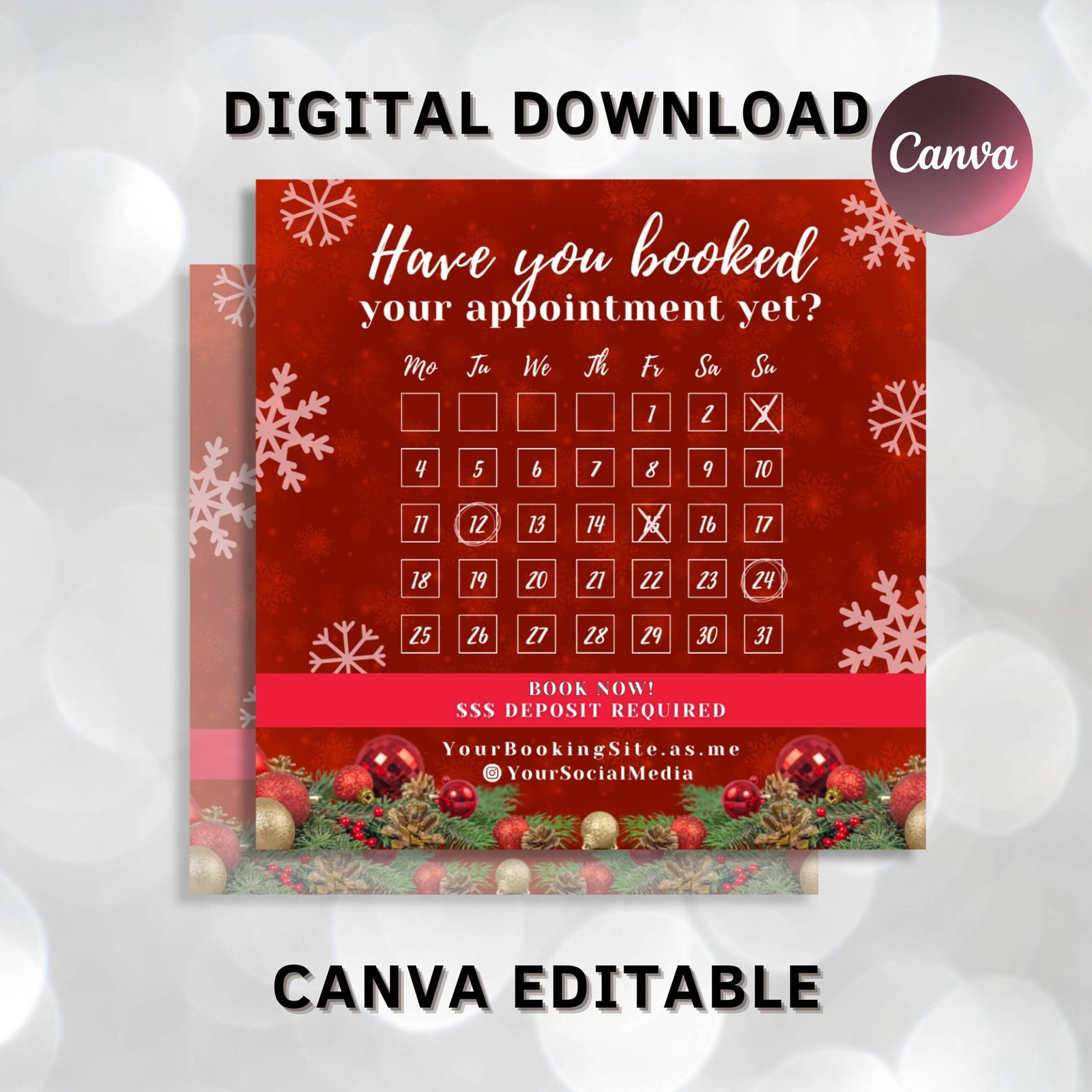 Editable Christmas Flyer | Hairstylist Flyer, MUA Flyer, December Booking Flyer, DIY Book Now Flyer, December Bookings Flyer