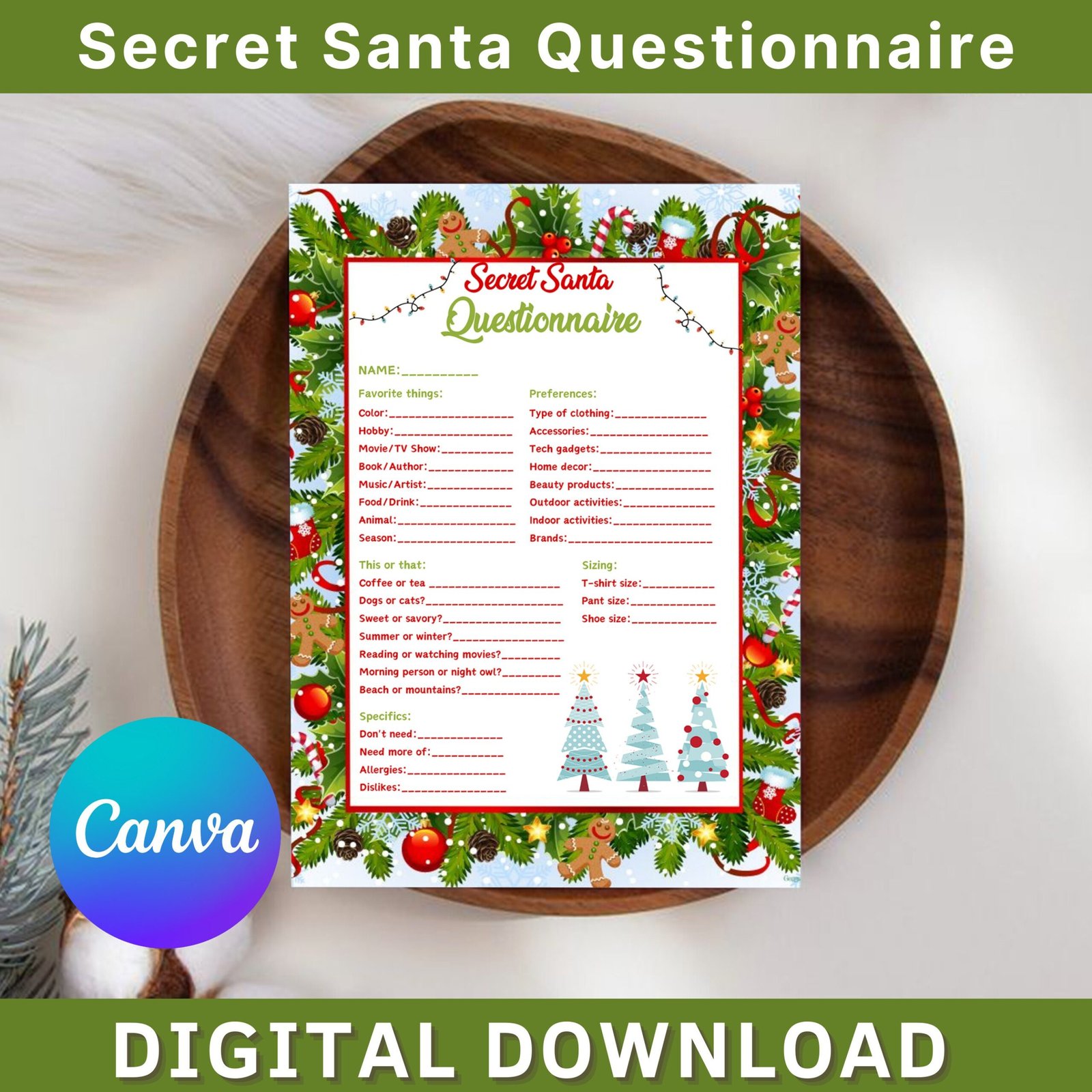 Secret santa questionnaire, secret santa questions printable, secret santa form, secret santa list, secret santa template