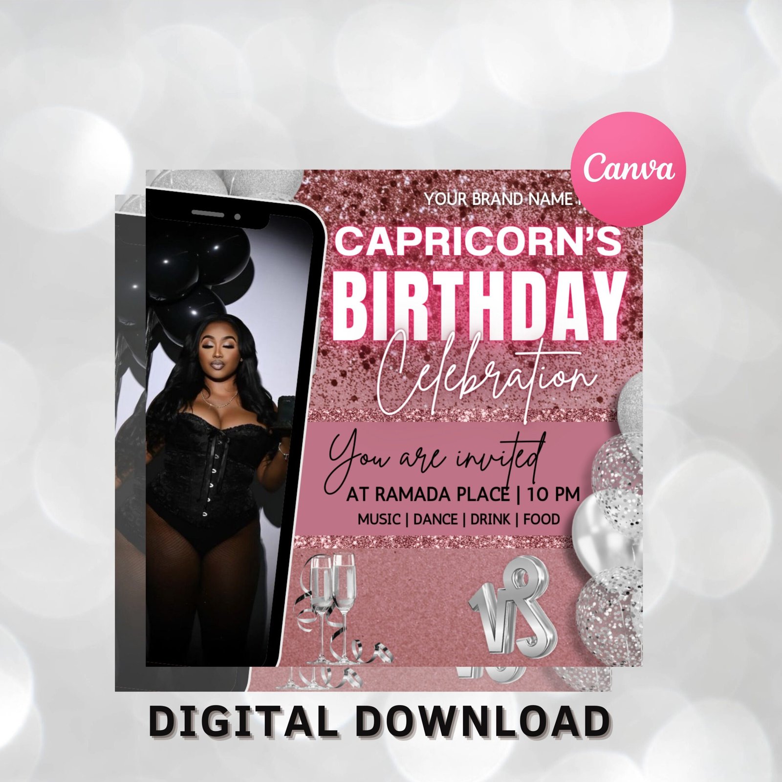 Capricorn birthday flyer, pink birthday template, birthday girl, party flyer, celebration flyer, birthday event, birthday invite canva flyer