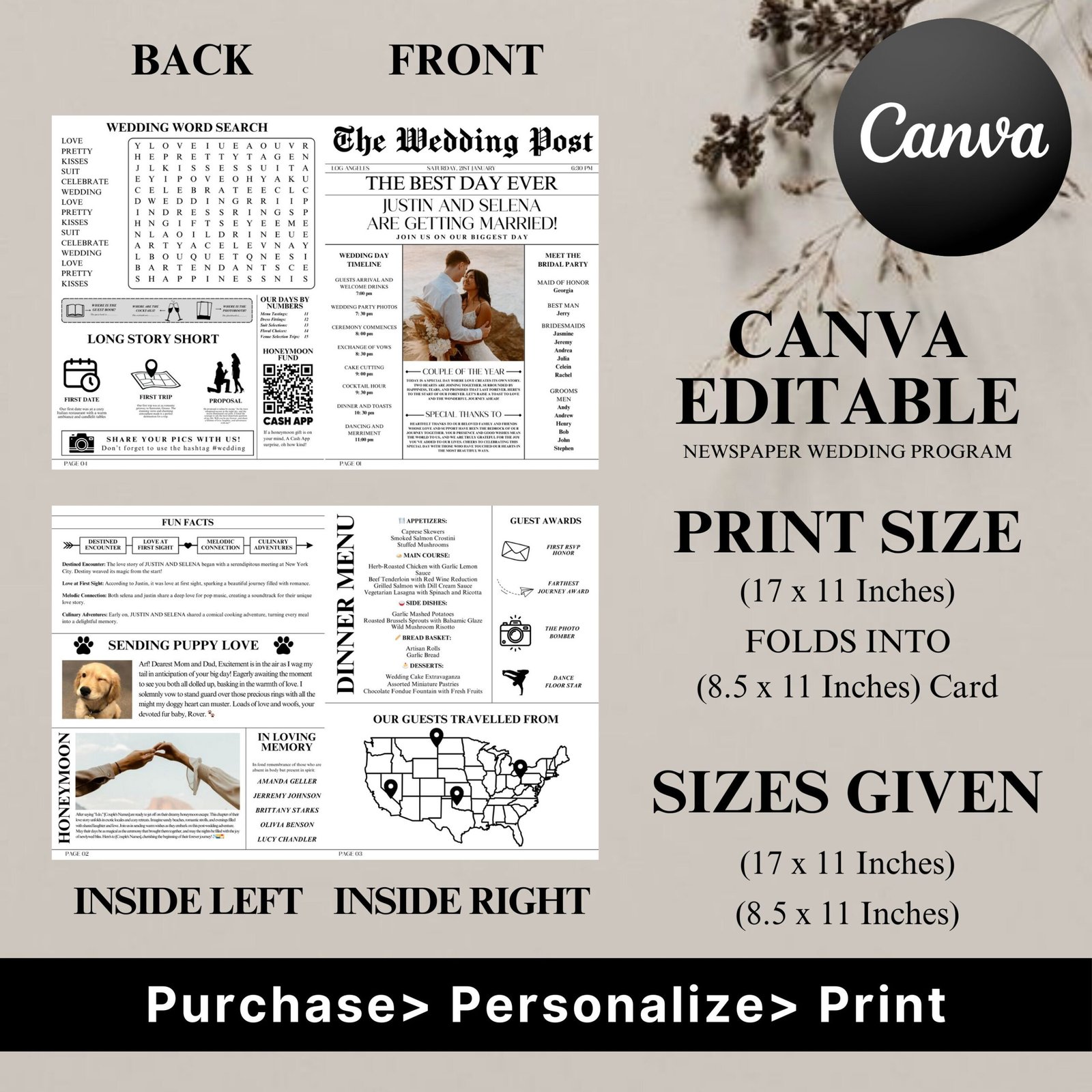 Newspaper wedding program, editable wedding newspaper program template, wedding newspaper canva editable newspaper template instant download