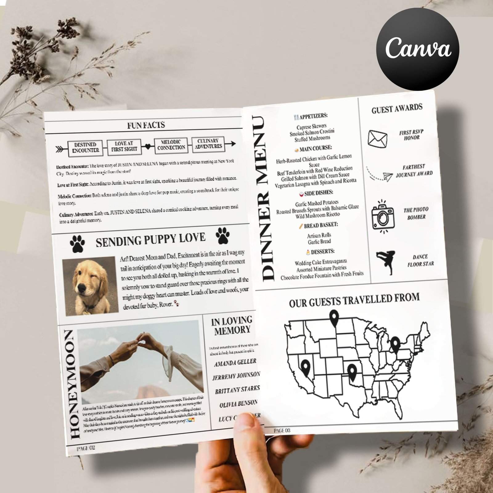 Folded wedding newspaper template, newspaper wedding program template, printable wedding programs timeline template canva instant download