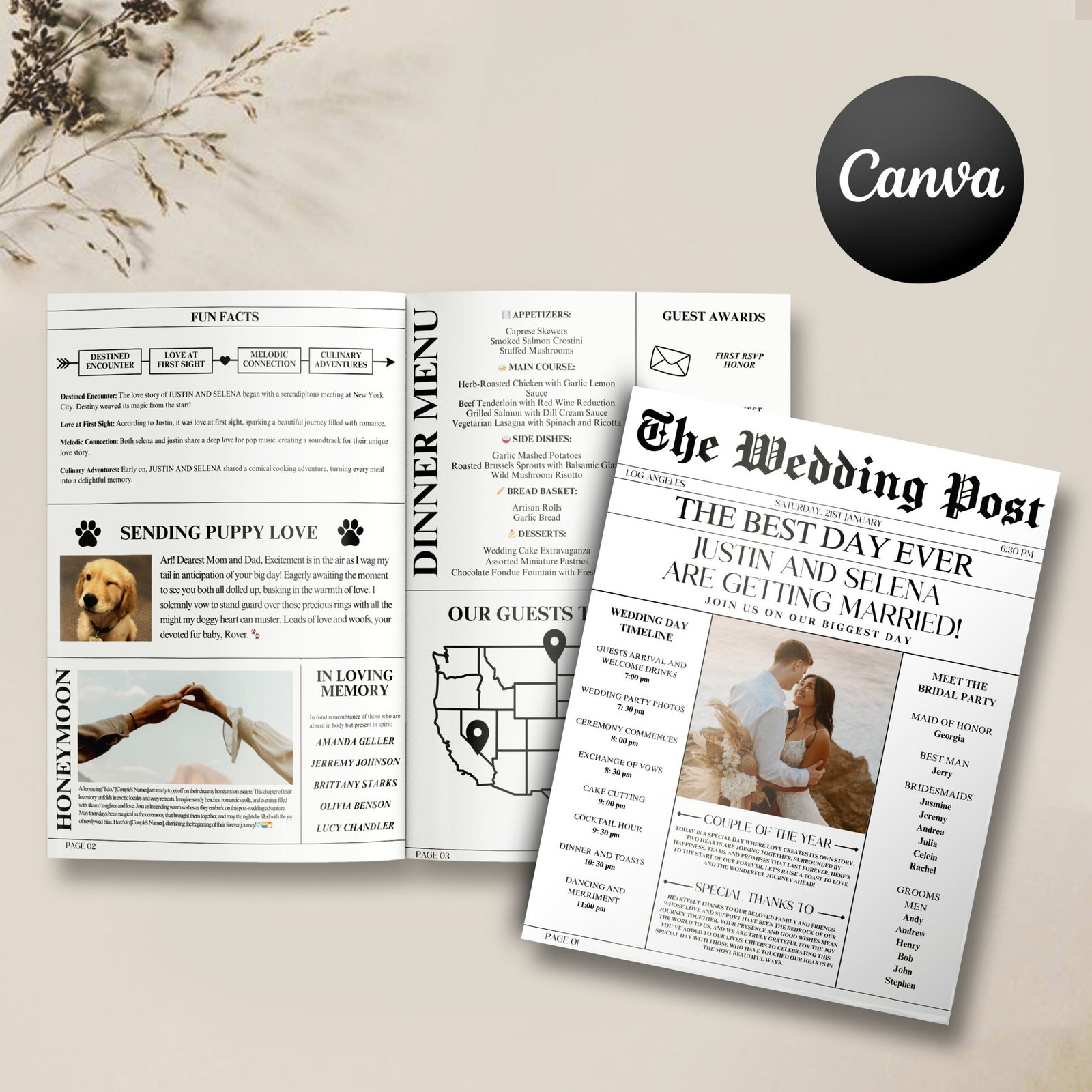 Newspaper Wedding Program, Editable Wedding Newspaper Program Template, Wedding Newspaper Canva Editable Newspaper Template Instant Download