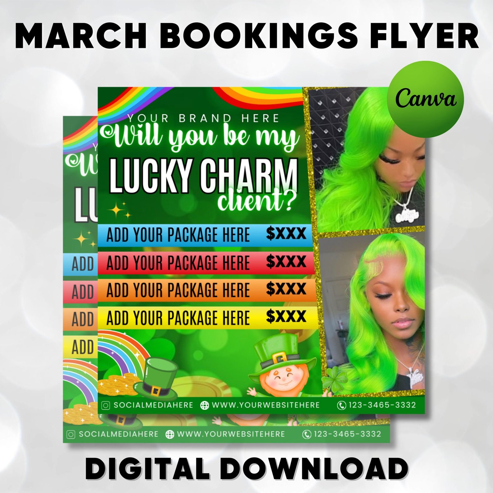 March booking flyer, march flyer, march books, st.patricks day flyer, march madness flyer, lashes, nails, hair braid specials canva template