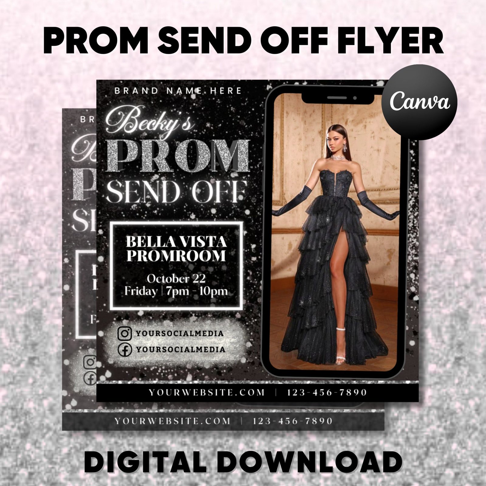 Prom dress send off flyer, prom flyer, prom send off invitation, prom fashion flyer, prom party celebration flyer canva template