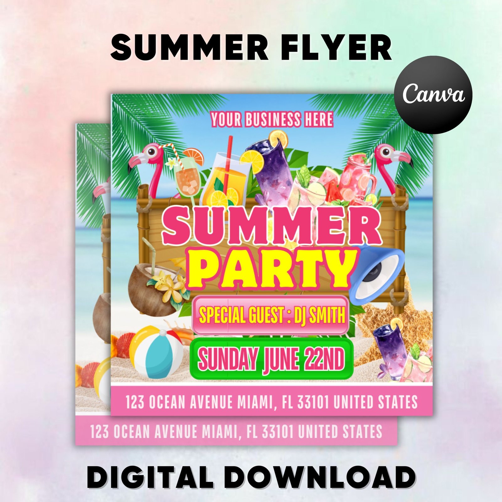 Hello Summer Flyer. Summer Party Flyer, Summer Beach Party, Dj Pool party flyer, Party Invitation, Summer event flyer, Summer break flyer