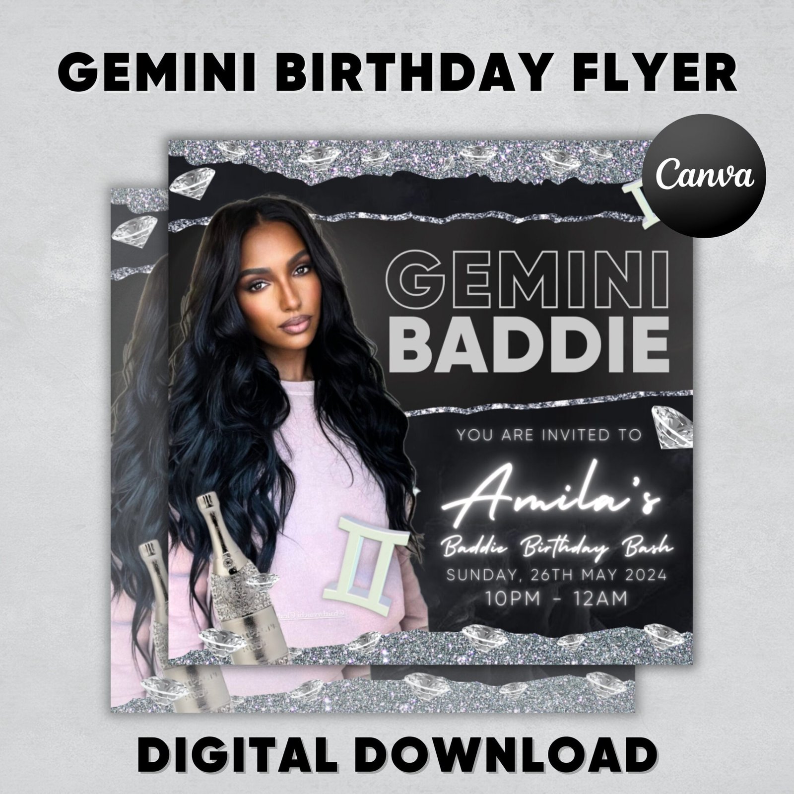Gemini editable birthday flyer, gemini flyer canva template, birthday invitation, gemini birthday invite digital invitation instant download
