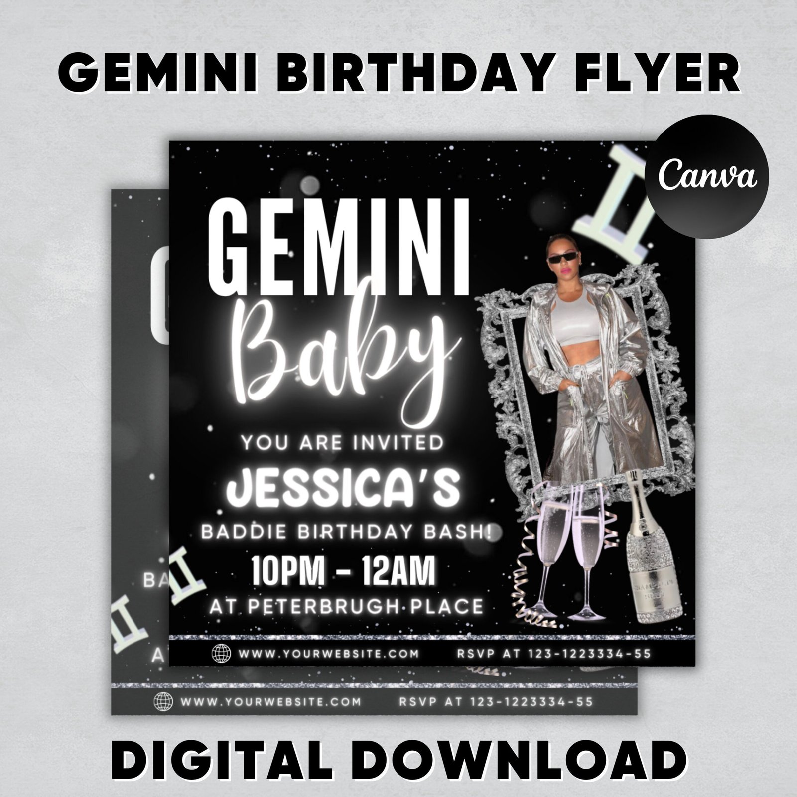 Gemini editable birthday flyer, gemini flyer canva template, birthday invitation, gemini birthday invite digital invitation instant download