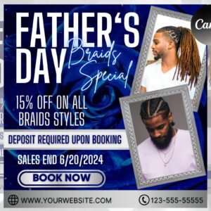Father's day sale flyer, hair nails lashes mua flyer, wig install flyer, book now flyer, boutique flyer, social media flyer, canva template