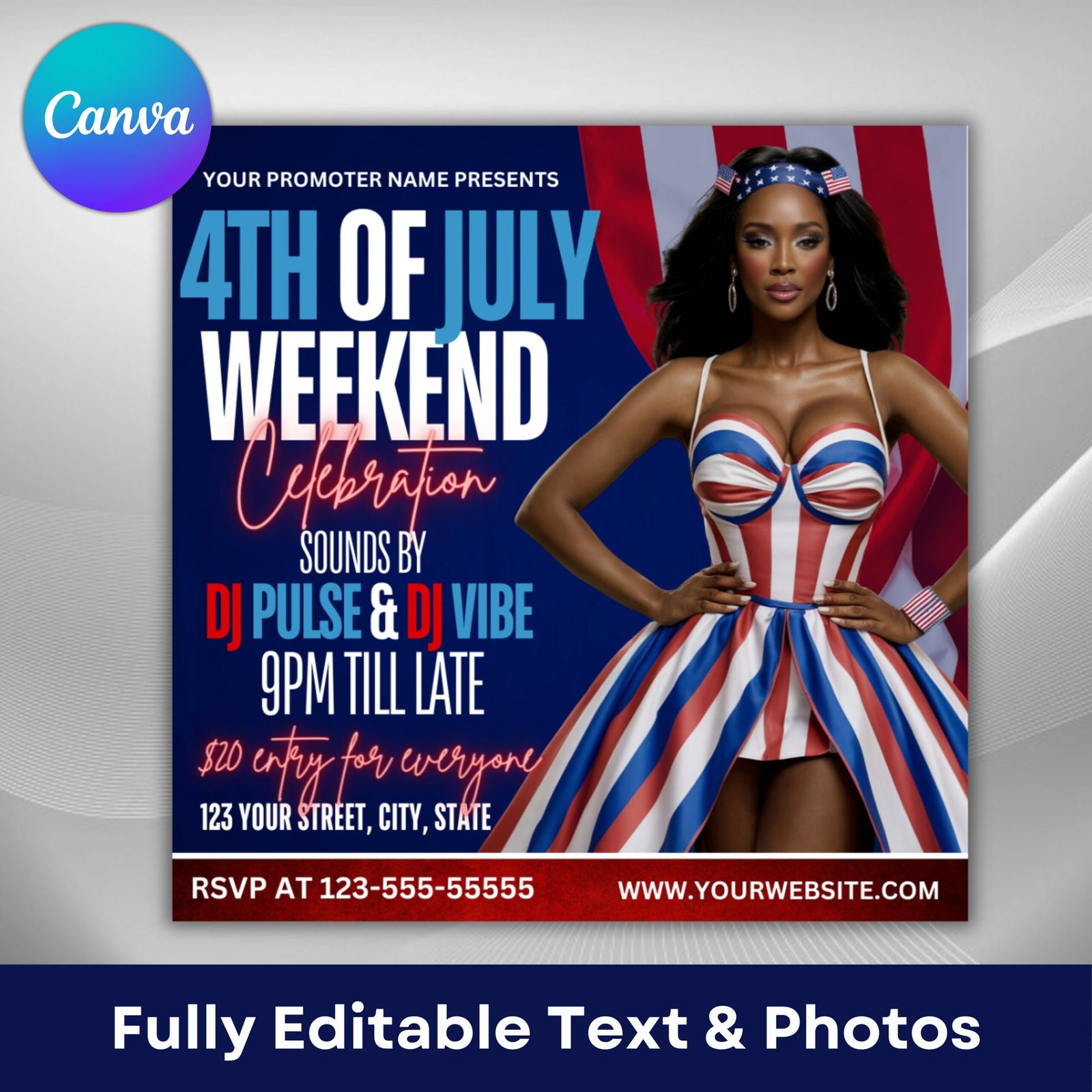 4th of july flyer, 4th of july party flyer, independence day flyer, diy flyer template, social media post, canva flyer, instant download