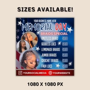 Editable memorial day booking flyer, memorial day social media flyer, special deals hairs braids flyer, braids special flyer, canva template