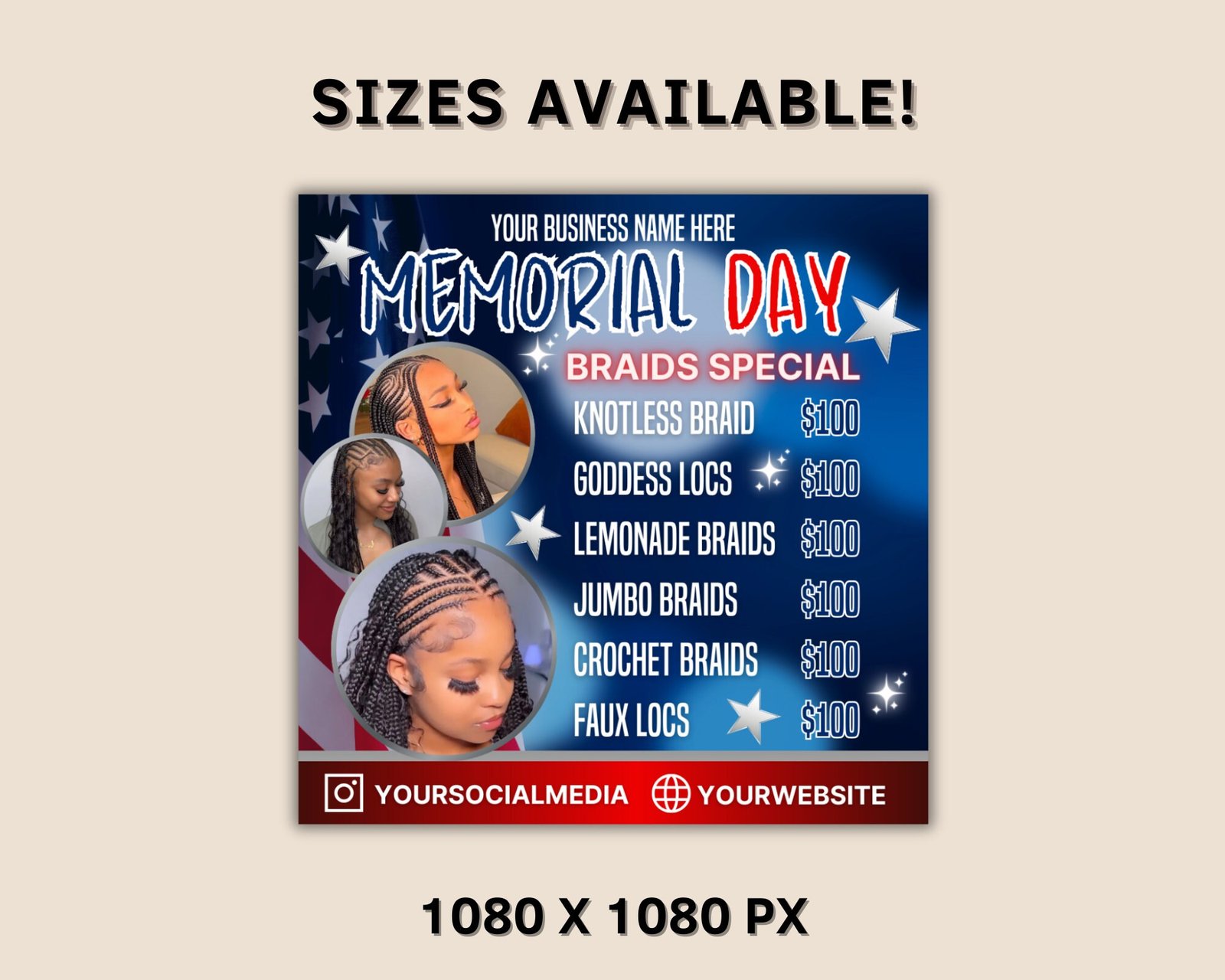 Editable memorial day booking flyer, memorial day social media flyer, special deals hairs braids flyer, braids special flyer, canva template