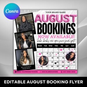 DIY August Booking Template, August Bookings Hair Lash Nail Braids Makeup Esthetician Flyer Canva Template, August 2024 Calendar for Booking