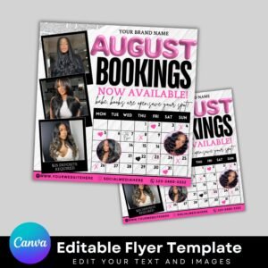August Bookings Flyer, August Bookings Available, August Appointment Flyer, August Calendar Flyer, Hair, Nails, Makeup, Lashes, Braids, Wig