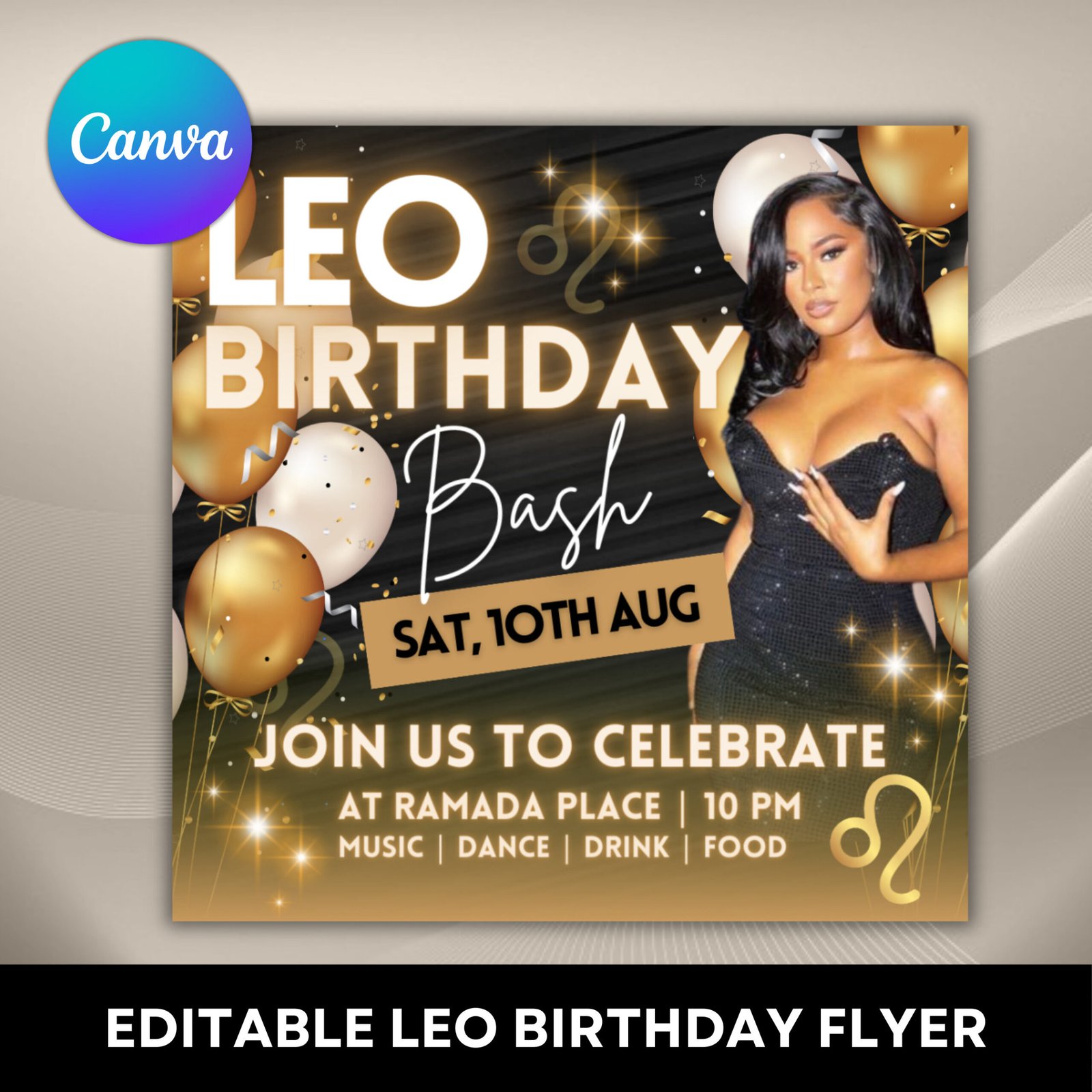 Leo Birthday Flyer, Birthday Template, Birthday Girl, Party Flyer, Celebration Flyer, Birthday Event, Birthday Invite, Canva Flyer Template