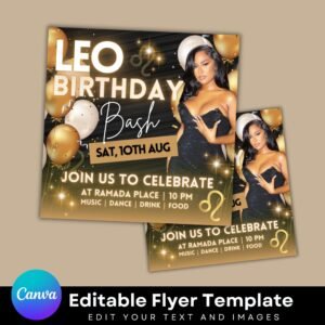 Leo Birthday Flyer, Birthday Template, Birthday Girl, Party Flyer, Celebration Flyer, Birthday Event, Birthday Invite, Canva Flyer Template