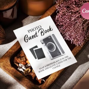 Instax mini evo photo guestbook, instax mini evo camera instructions sign, how to load a film, how to take a photo