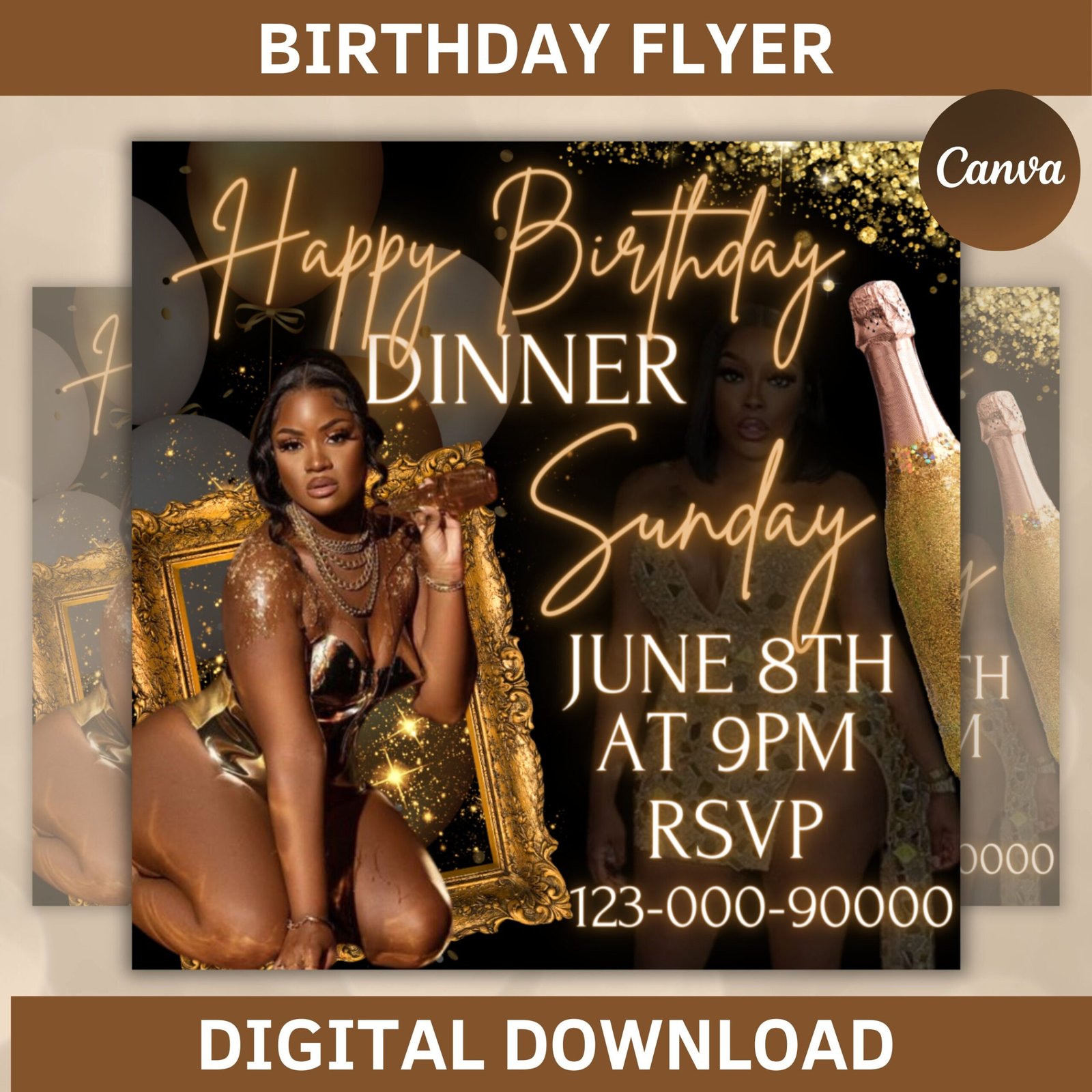 Editable dinner birthday invitation flyer template, birthday girl invitation, happy birthday flyer, birthday party invitation, party flyer