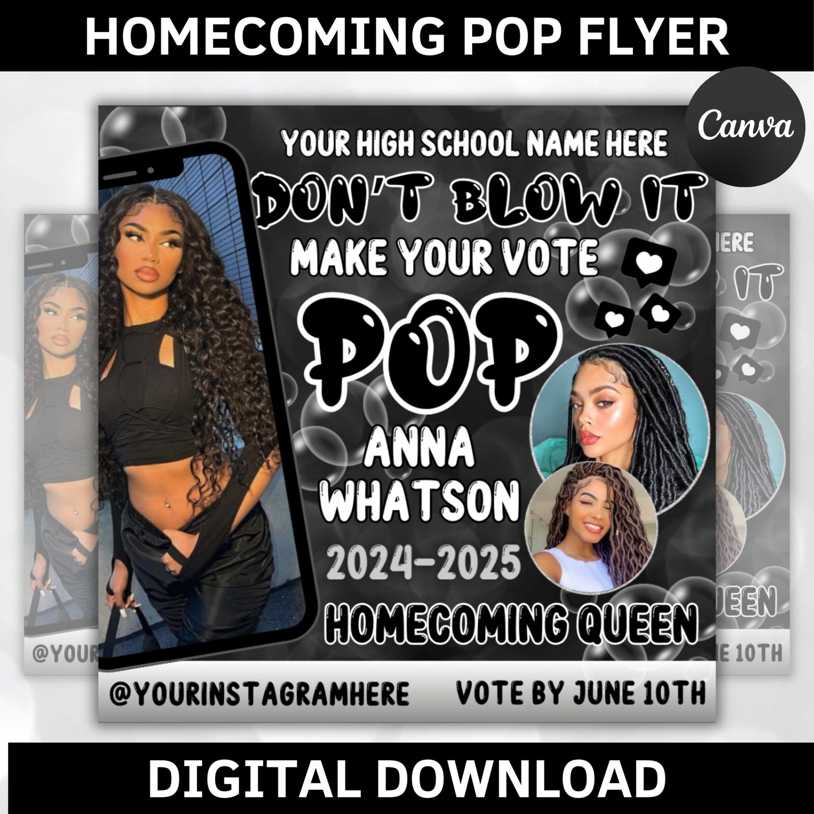 Homecoming Pop The Vote Flyer| DIY Voting Campaign Election High School Queen Beauty Social Media Instagram Snapchat Editable Canva Template