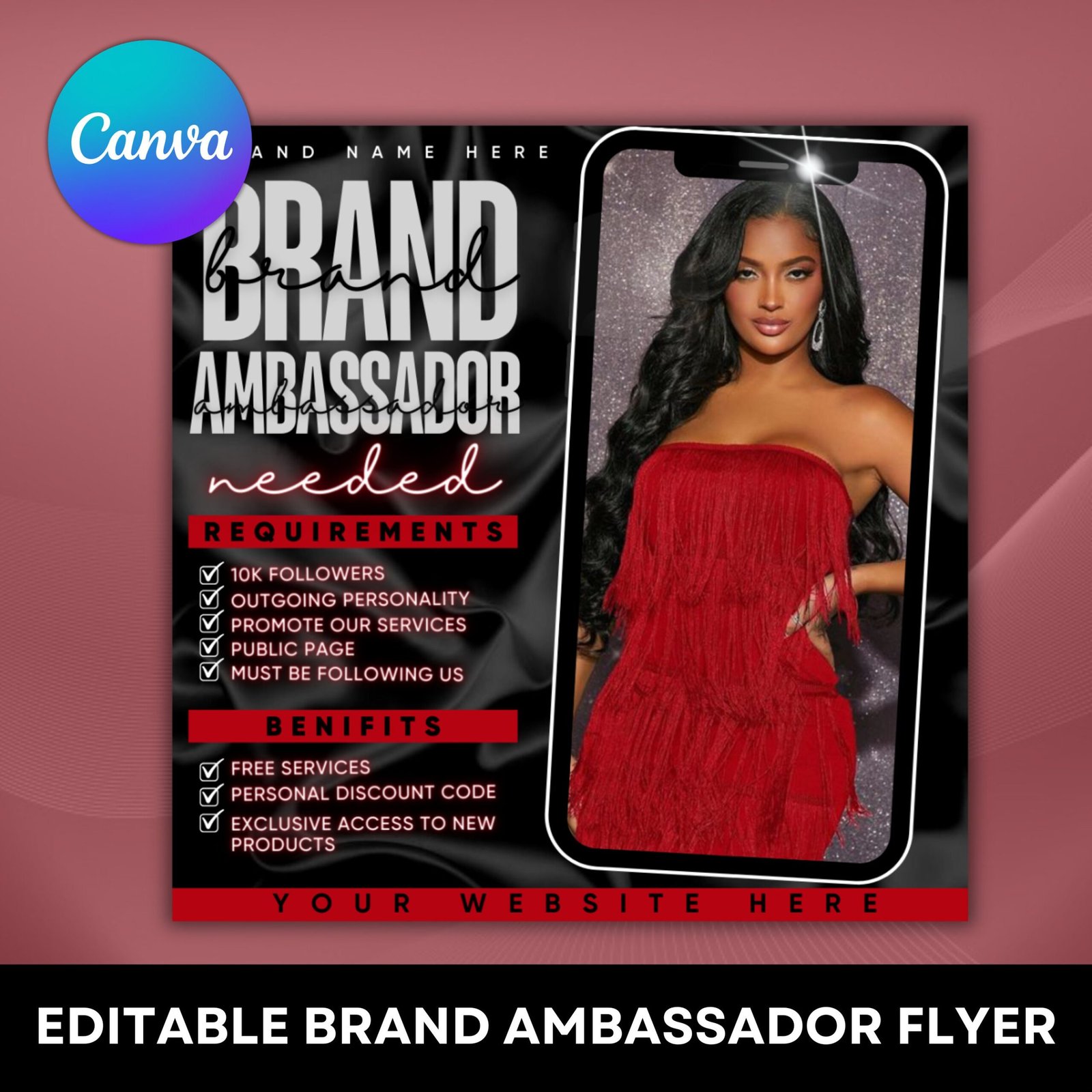 Brand Ambassador Flyer, Brand Ambassador Needed Flyer Editable Canva Template For Model, Hair, Makeup, lashes, Nails, Clothing Brand