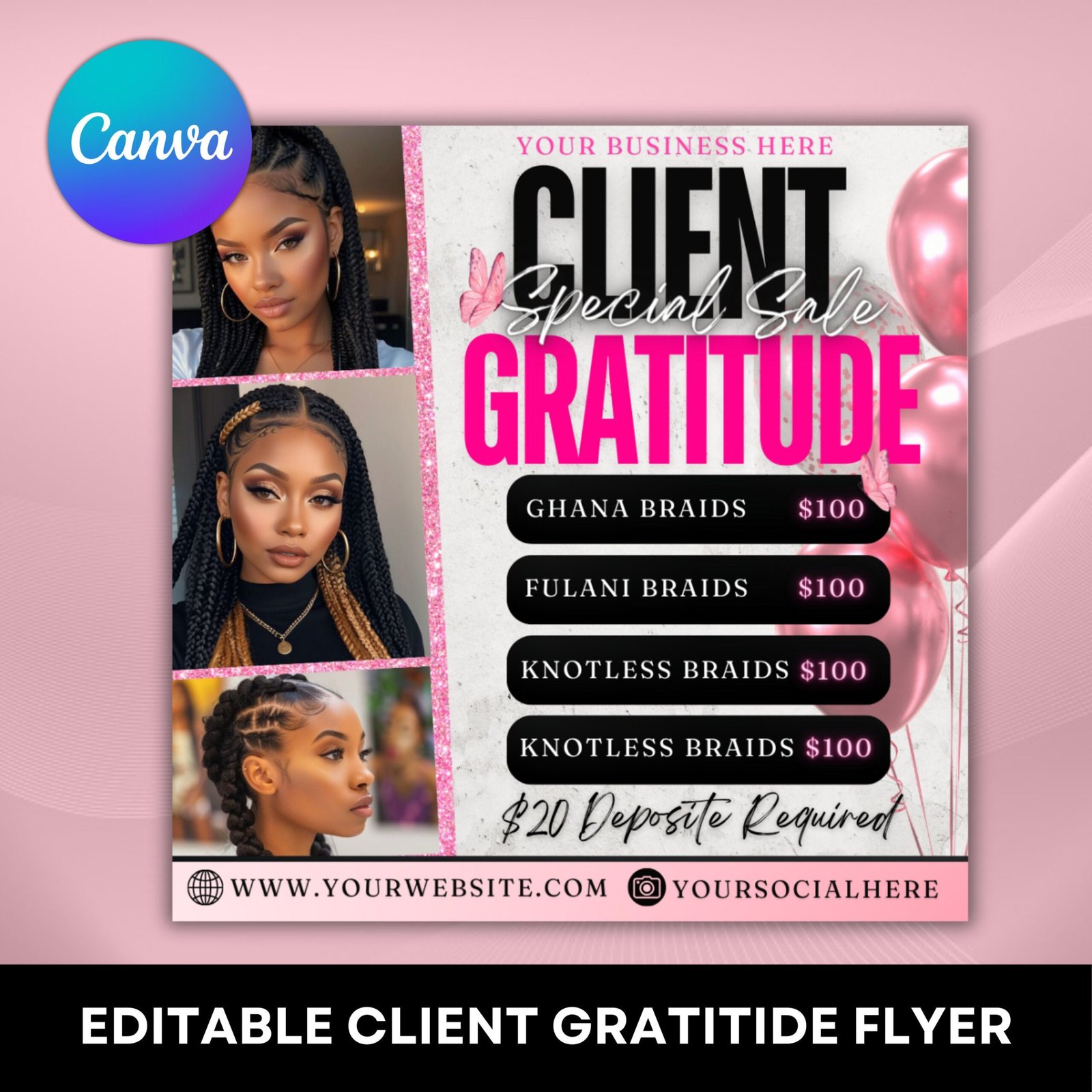 Client appreciation flyer, client appreciation sale flyer, book now flyer, hairstylist flyer nail lash tech, wigs braid flyer canva template