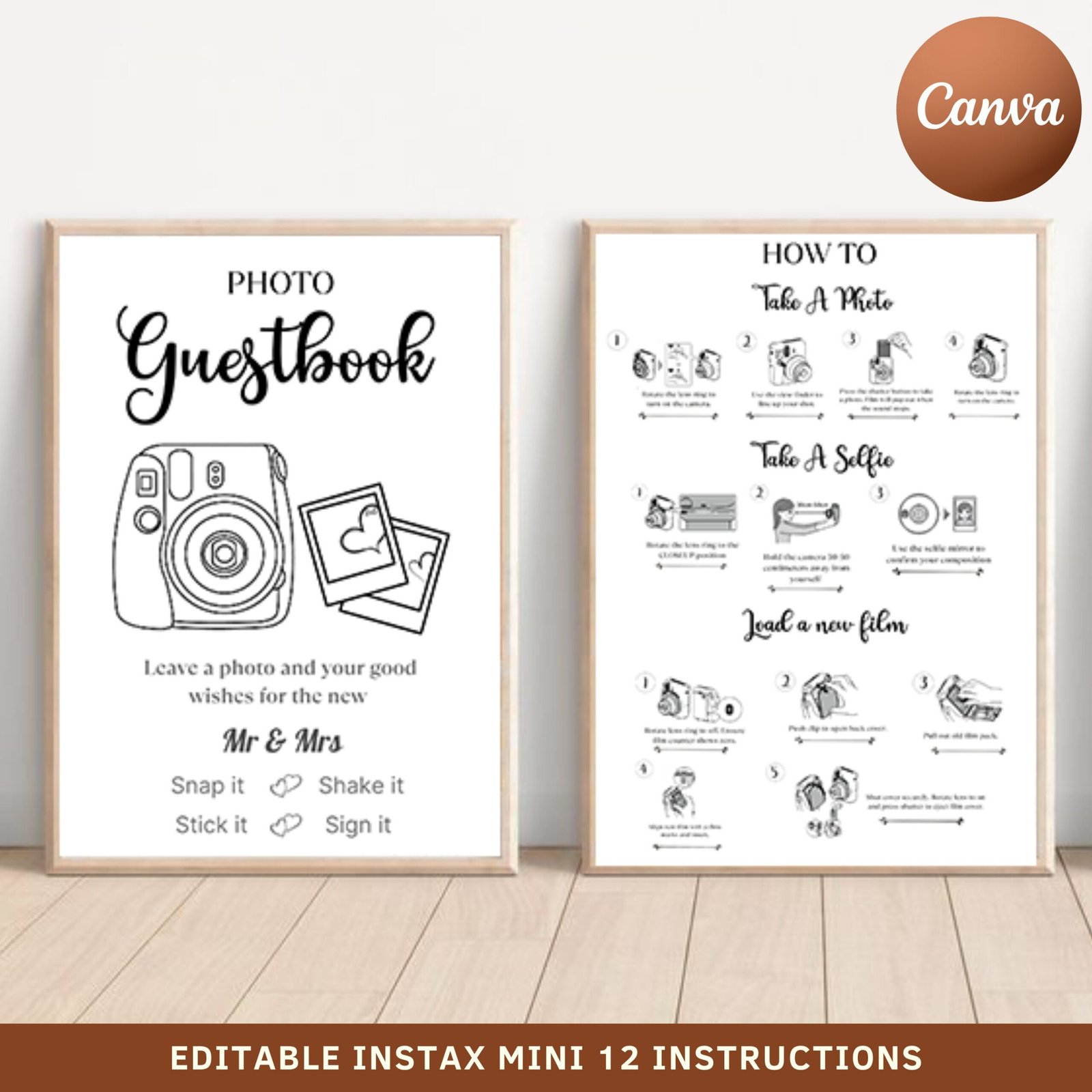 Instax mini 12 photo guestbook sign, camera instructions, how to take a photo, how to load new film, printable party and wedding photo sign