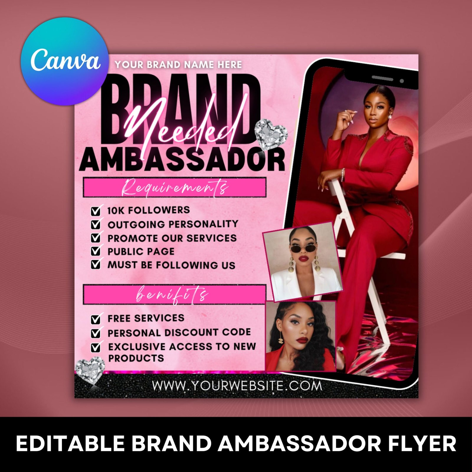 Brand Ambassador Flyer, Brand Ambassador Needed Flyer Editable Canva Template For Model, Hair, Makeup, lashes, Nails, Clothing Brand