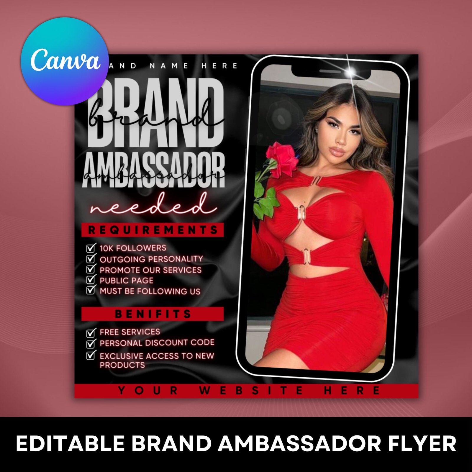 Brand ambassador flyer, brand ambassador needed flyer editable canva template for model, hair, makeup, lashes, nails, clothing brand