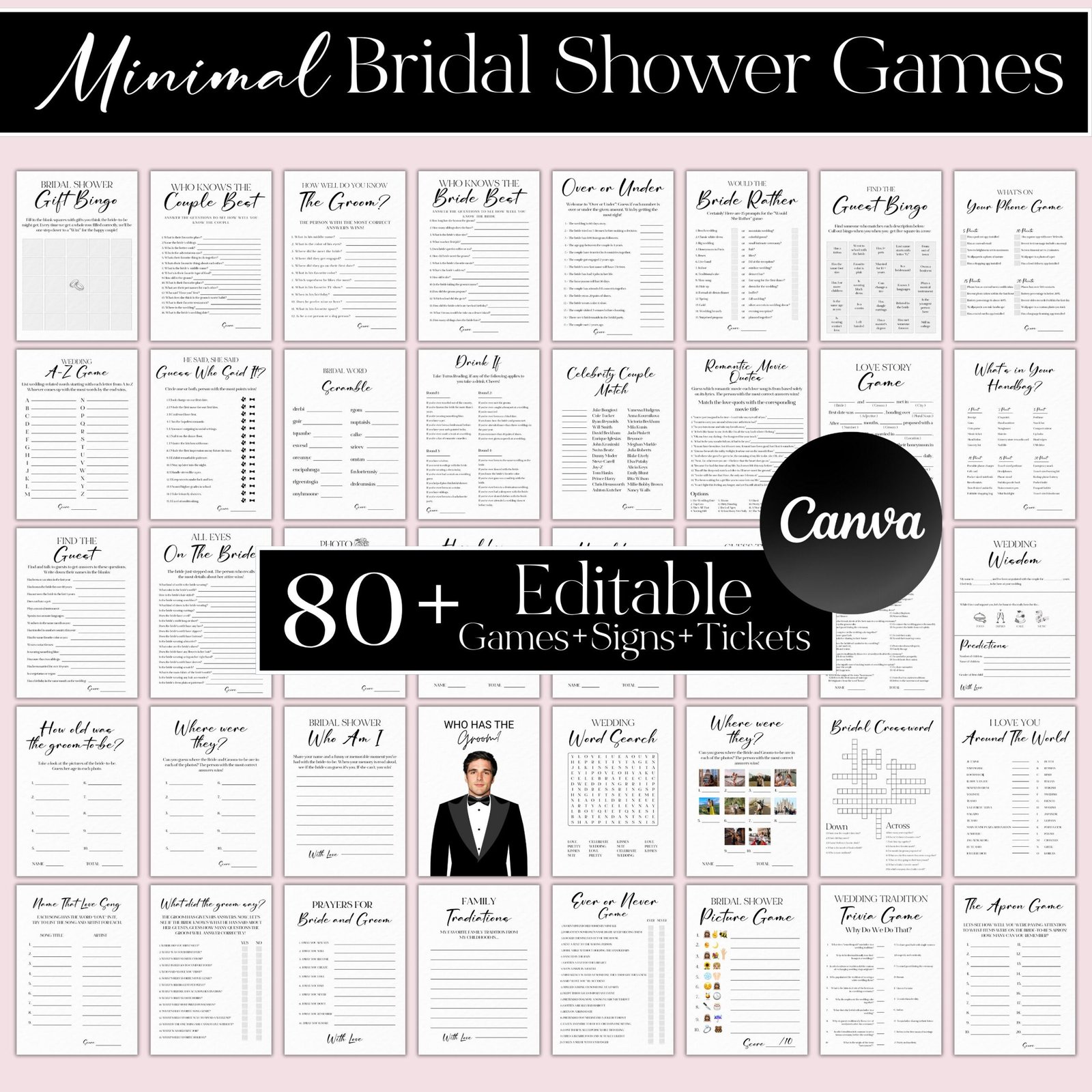 Minimalist bridal shower games canva, modern bridal shower games bundle, bachelorette party games, wedding shower games fully editable