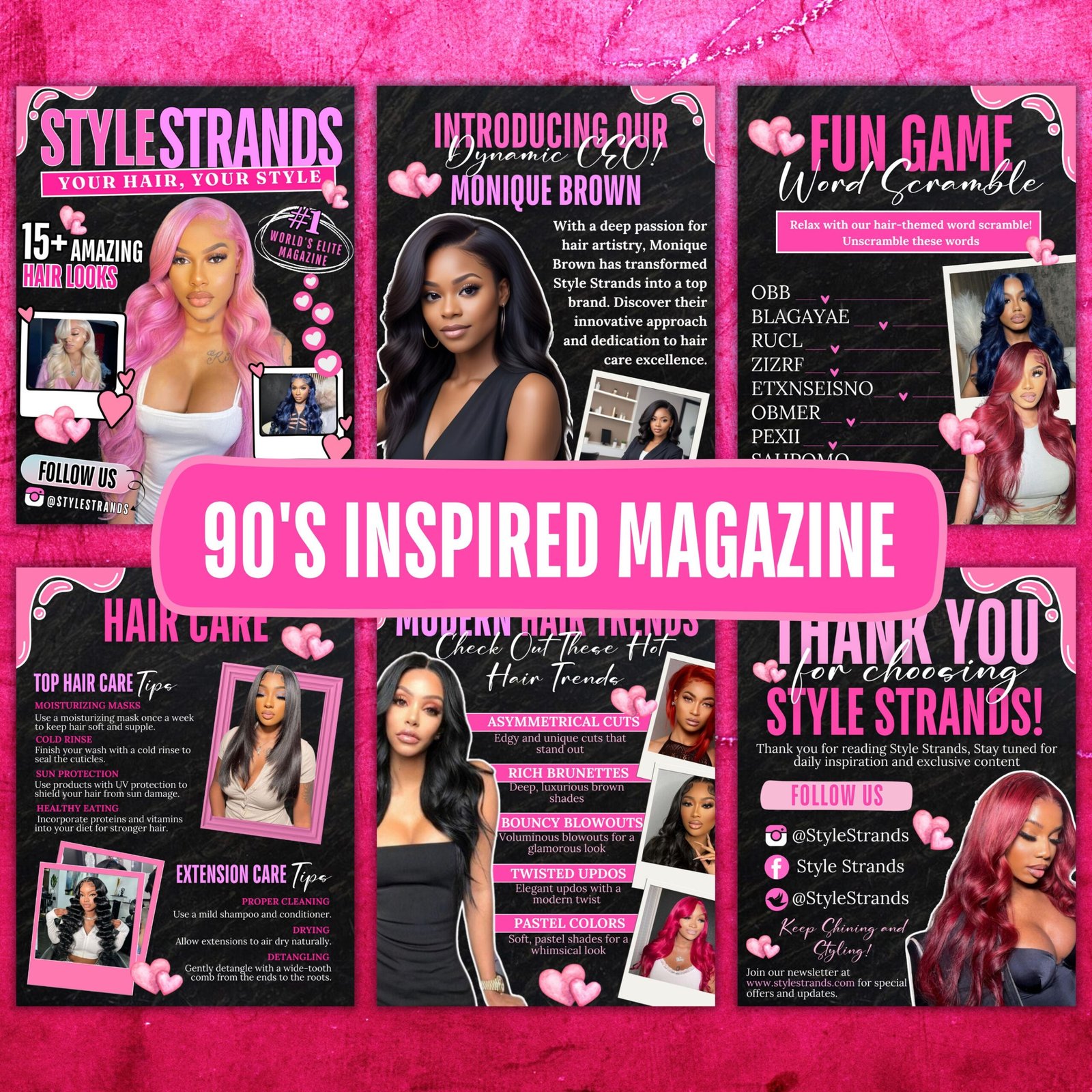 90s magazine template, 90s style magazine template for hair lashes, nails, mua, beautician, braid, boutique, magazine catalog canva template